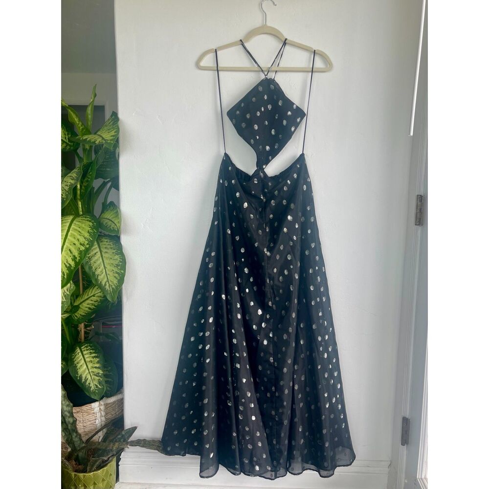 DELFI Collective Bella Gown Black Metallic Silver Polka Dot Halter Dress Size M